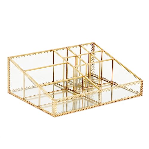 Glamlily Glass Makeup Organizer with Gold Trim for Vanity, Cosmetic Storage (10.2 x 7.5 x 3.5 In) - Makeup Storage