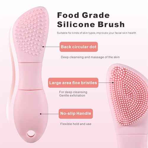 Silicone Face Scrubber Mask Applicator for Nourishing, Pore Deep Cleaning, Blackhead Remover & Exfoliator -No-Slip Long Handle, Gentle Face Massage,Daily Skin Care Tool for Women & Men (Pink)