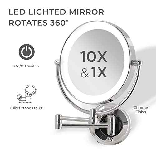 Zadro 11" LED Wall Mounted Makeup Mirror 10X/1X Shaving Mirror Plug in or Battery Operated Vanity Mirrors for Wall (Large | 10X/1X | 11" x 14.5", Chrome)