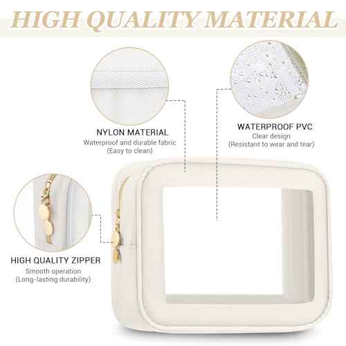 Abbylike 3 Pcs Clear Makeup Bags with Zipper Toiletry Bags for Car Essentials Nylon Cosmetic Pouches PVC Transparent Storage Pouch Travel Portable Organizer for Christmas Women Gift(Cream White,Small)