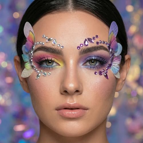 Rhinestone Eye Gems with Fabric Butterflies - Self Adhesive Face Jewels