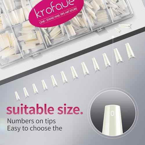 krofaue Natural Acrylic Nail Tips - 600PCS Half Cover Coffin False Nails 12 Size with Box for Salon and Home DIY