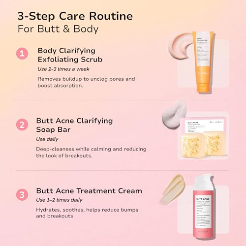3-Step Butt Acne Clearing Routine: Cleanser Soap + Body Acne Scrub + Clearing Lotion for Breakouts on Butt, Thighs, Back, Clogged Pores & Rough Buttocks ? Exfoliate, Cleanse & Smooth