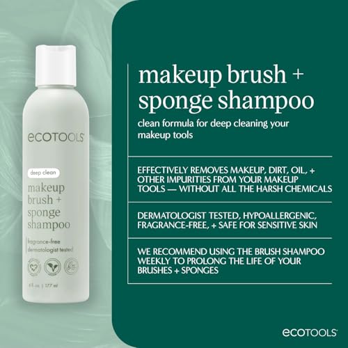 EcoTools Cleanser Shampoo for Makeup Brush/Sponge/Puffs, Remove Makeup & Impurities, Fragrance-Free, No Harsh Chemicals, Vegan & Cruelty-Free, 6 fl.oz./177 ml, 1 Count