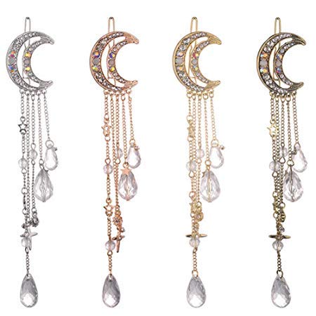 Romantic Crescent Moon Star Crystal Dangle Hairpin Rhinestone Beads Hair Clips Bridal Jewelry Tassel Drop Hair Pins Bobby Pins For Women Girls Hair Accessories (Rose Gold)