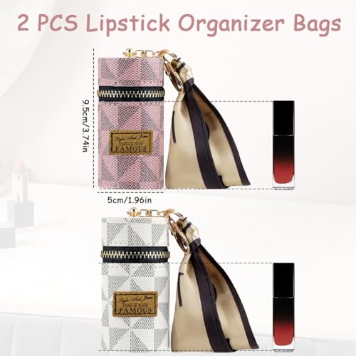 2 PCS Lipstick Organizer, Leather Lip Gloss Bag with Keychain, Portable Mini Lipstick Case for Lip Gloss, Purse,Mini Perfume