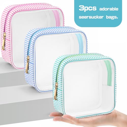 Sanwuta 3-Piece Seersucker Makeup Bags with Zipper – Mini Cosmetic Pouches