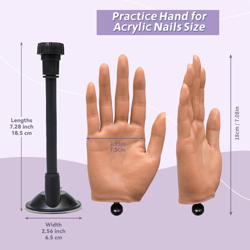 Practice Hand for Acrylic Nails,Realistic Silicone Mannequin Hand with Flexible Fingers for Acrylic Nails, Gel Polish Training, Complete Nail Art Beginner Set with Brush & File