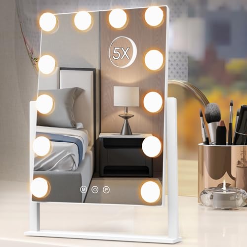 Vanity Mirror with Lights, Hollywood Lighted Makeup Mirror with 3 Color Lighting Modes and 12 Dimmable Bulbs, Detachable 5X Magnification, Smart Touch Control, 360¡ÆRotation, White
