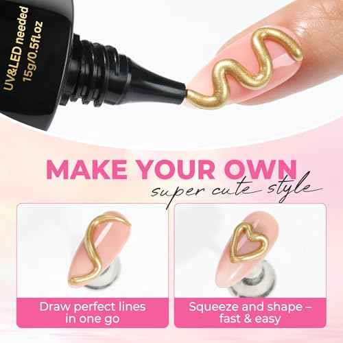 UNA GELLA Metallic 3D Gel Nail Art Bronze Gold 15g No Wipe Sculpting Chrome Gel Nail Polish for Drawing, Molding, Charms and Gems Decoration Lamp Curing Needed