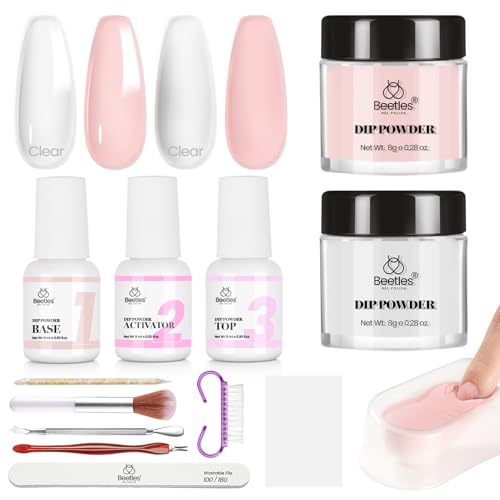 Beetles Dip Powder Nail Kit Nude Clear Dip Nails Powder Starter Kit with Base Top Coat Activator Powder Nail Dipping Kit for French Nail Art Manicure DIY Salon