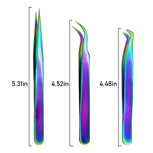 Quewel Eyelash Extension Tweezers Set Eyelash Applicator Tool Curved and Straight pointed Tweezers Lash Extension Supplies Stainless Steel Precision Tweezers Silver (3 pcs, Rainbow)
