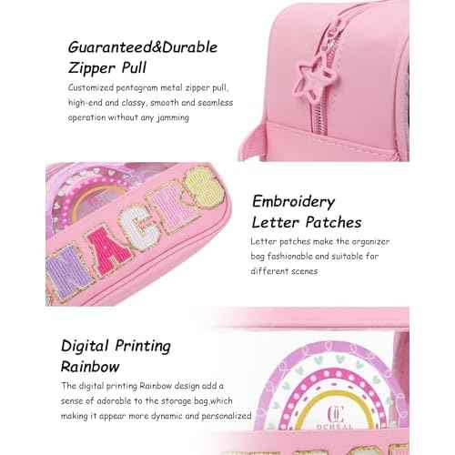 MONSTINA Snack Bag Clear Pouch Makeup Travel Toiletry Bag,Waterproof Clear Embroidery Letters Cute Digital Printing Rainbow Cosmetic Tote Bag for Women Girls,PU Leather Pink