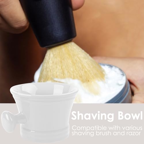 Linkidea Ceramic Shaving Mug with Knob Handle, Deep Lathering Bowl for Men, Wet Shaving Cup Compatible with Shaving Brushes, Razor Soap & Cream Holder, Grooming Accessory (White)