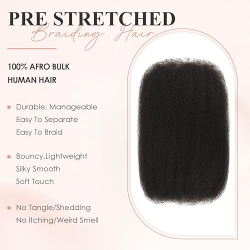 Afro Kinkys Bulk Human Hair Pre Stretched Braiding Hair Bulk Human Braiding Hair For Braids,Dreadlocks, Loc Repair,Soft Yaki Texture(14Inch, 50g/Pack)