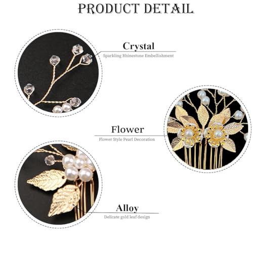 Gold Leaf Bridal Hair Pins with Pearl Rhinestones - 10 Pieces