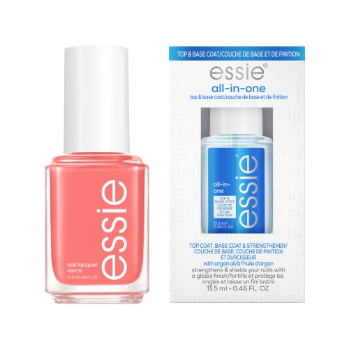 essie Salon-Quality Nail Polish Bundle, Vegan, Peachy Coral, Peach Side Babe + All In One Base Coat and Top Coat, 0.46 fl oz each