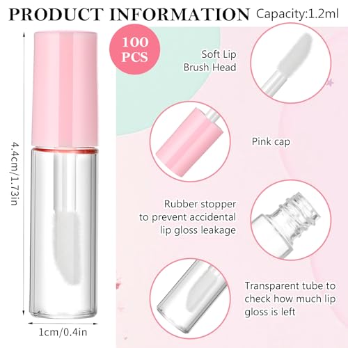 100 Pcs 1.2 ml Mini Lip Gloss Tubes Empty Lipgloss Tubes with Wand Clear Refillable Lip Balm Gloss Containers Lips Glosss Bottles for DIY Lipstick Samples Lips Balms Lipgloss Making(Pink)