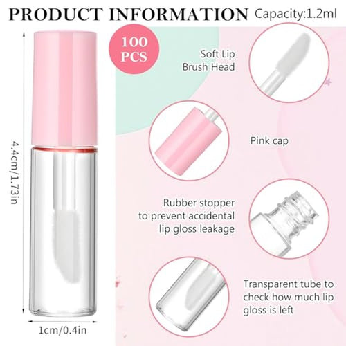 100 Pcs 1.2 ml Mini Lip Gloss Tubes Empty Lipgloss Tubes with Wand Clear Refillable Lip Balm Gloss Containers Lips Glosss Bottles for DIY Lipstick Samples Lips Balms Lipgloss Making(Pink)