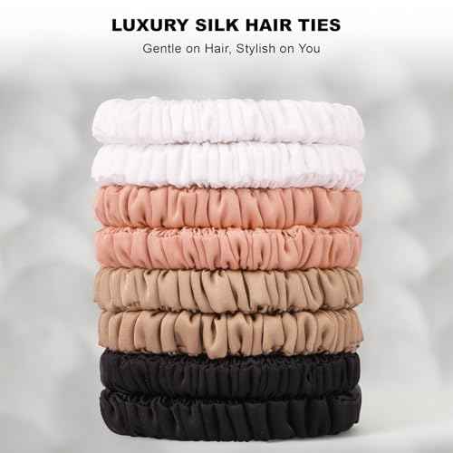8Pcs Silk Scrunchies Hair Ties for Women & Girls, Mulberry Silk Scrunchies No-Damage Thin Satin Ponytail Holders for Hair Care