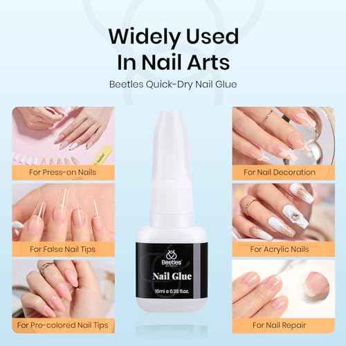 Beetles Nail Glue with Glue Remover Kit, 2 * 10ML Super Strong Easy to Remove Off Fake Nails Adhesive Remover with Cuticle Pusher