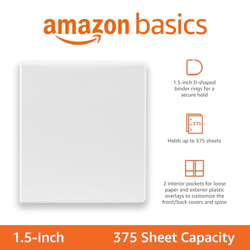 Amazon Basics 3 Ring Binder,1.5" D-Ring, 4-Pack, White