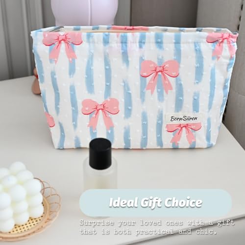BornSiiren Bow Blue Stripe Large Makeup Bag Travel Organizer with Lining