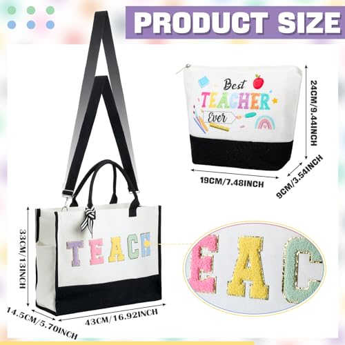 Abbylike Back to School Teacher Gift Canvas Chenille Letter Tote Bag Makeup Cosmetic Pouch Thank You Teacher Appreciation Women Gift