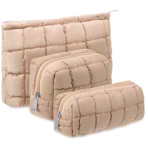 Huhumy 3-Piece Quilted Makeup Bag Set with Zipper