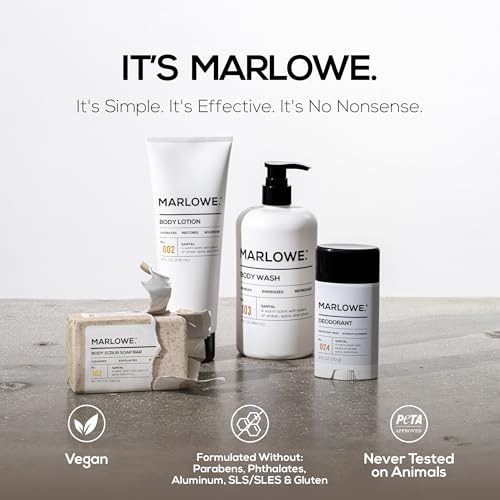 MARLOWE. Men's Grooming Santal Body Set, Features No. 102 Scrub Soap Bar, No. 024 Deodorant & No. 002 Body Lotion, Warm Amber, Sandalwood & Citron Scent