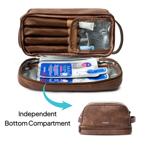 TOPEAST Large PU Leather Toiletry Bag for Men - Waterproof Dopp Kit