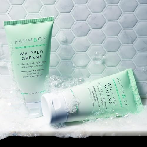 Farmacy Foaming Face Wash for Oily Skin - Whipped Greens Oil-Free Gentle Facial Cleanser + Exfoliator - Infused with Green Clay to Remove Impurities, Control Oil + Maintain Skin Hydration (50ml)