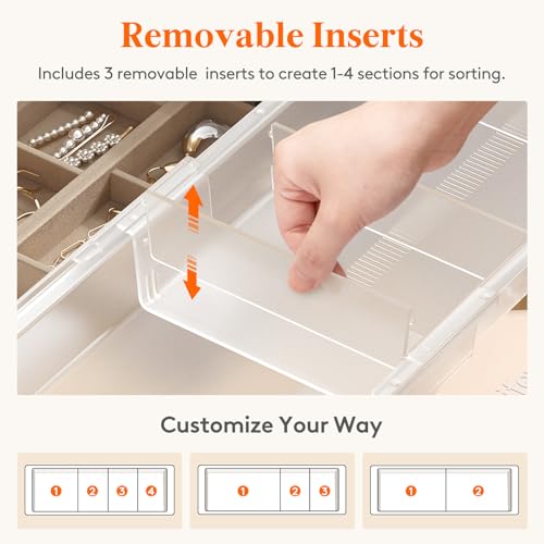 Lifewit Sliding Makeup Drawer Organizer, Fits 13-20" Deep Drawers, Extendable Hanging Divider, 1.8" High Plastic Tray for Vanity, Office, Kitchen, Translucent, 2Pcs