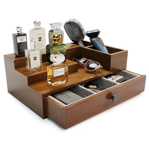 Pine Wood Cologne Stand Organizer for Men, 3 Tier Cologne Display Shelf Organizer with Hidden Compartment and Velvet Lining Drawer, Perfume Display Holder (Brown, 01)