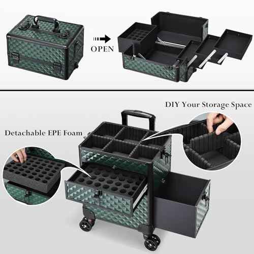 Joligrace Rolling Makeup Case with Wheels & Drawers Large Professional Cosmetology Trolley Case Travel Cosmetic Storage Train Cases for Nail Technicians, Makeup Artist and Hairstylist Dark Green