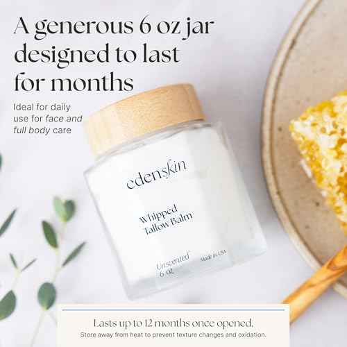 Grass Fed Beef Tallow for Skin, 6oz - Unscented Tallow and Honey Balm for Face & Body w/Jojoba Oil, Vitamins A, D, E, K & Antioxidants - Whipped Tallow for Moisturizer