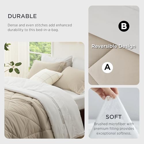 Bedsure Beige and White Twin Comforter Set - 5 Pieces Reversible Twin Bed in a Bag, Twin Bed Set Beige and White with Comforters, Sheets, Pillowcase & Sham