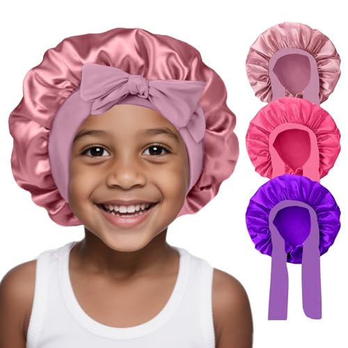 Kids Satin Sleep Bonnet 3-Pack - Adjustable Hair Care Cap