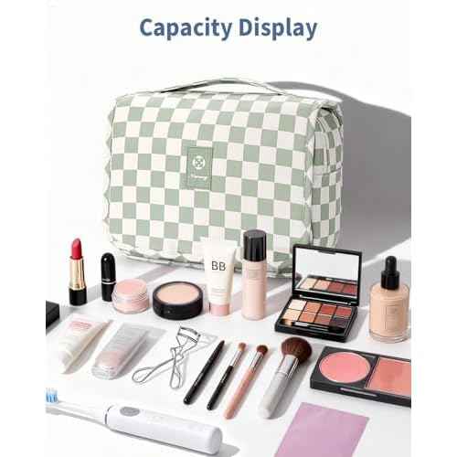 Narwey Small Hanging Travel Toiletry Bag for Traveling Women, Checkered Travel Bag for Toiletries, Makeup Bag Organizer Make Up Cosmetic Bags (Mint Green Checkerboard)
