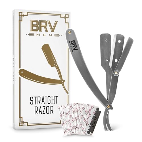 BRV MEN Professional Straight Edge Barber Razor w/ 100 Single Edge Razor Blades | Straight Razors for Men | Barbershop Accessories | Mens Shaving Knife & Shavette - Silver