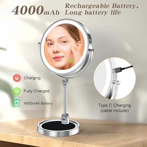 Rocollos 9-Inch Chrome Rechargeable LED Makeup Mirror with Vanity Tray & 10X Magnification