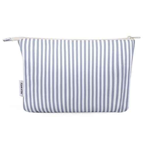 Narwey Small Striped Makeup Bag for Purse Travel Makeup Pouch Cosmetic Bag Zipper Pouch Bags for Women (Greyish Blue Stripe)