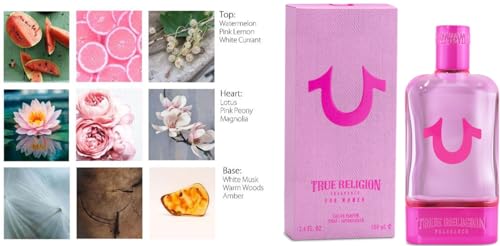 True Religion for Women 3.4 fl oz Eau de Parfum - pink, fruity, floral, warm, white currant, watermelon, pink lemon, lotus, pink peony, magnolia, musk, warm woods, creamy, amber