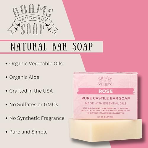 Adams Handmade Soap Rose Pure Castile Bar Soap ? 4.5 oz | Vegan, Cold Process, Essential Oils, 84% Organic, Fair Trade, No Additives, USA Made