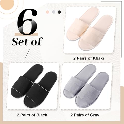 Breathffy 6 Pairs Disposable Slippers Bulk for Guests Comfortable House Spa Slippers Hotel Indoor Travel Slippers Women Men(Gray, Khaki, Black, Open Toe)