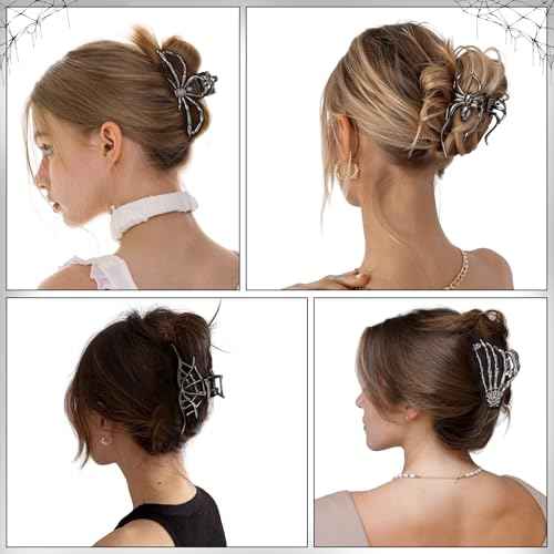 Obeoby 4 Pcs Metal Hair Clips for Women, Large Hair Claw Clips for Thick Long Hair Styling with Spider Webs Skeleton Decor, Goth Accessories Stocking Stuffers Halloween Christmas Gifts (Black)