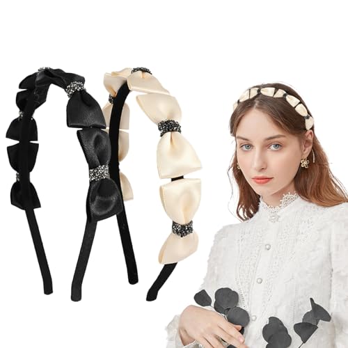 Kasmena 2Pcs Bow Headbands for Women Rhinestone Bow Headband for Girls Bow Hairband Non Slip Satin Headbands for Thick Thin Hair Accessories,Black White