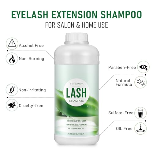 Lash Shampoo Bulk, Eyelash Cleanser for Extensions 1 Liter, Safe Makeup Remover, Non-irritating or Burning Formula Eyelid Foaming Cleanser for Professional Salon and Home Use (Aloe Vera-1L)