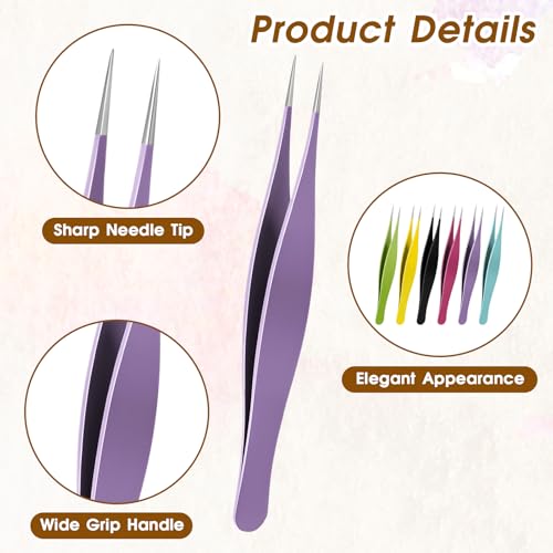 6-Piece Needle Nose Tweezers - Precision Fine Point Tip - Stainless Steel - Blackhead Remover for Nose, Facial Hair & Eyebrow