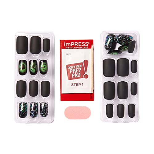 KISS imPRESS Limited Edition Halloween Press-On Nails, Glow-In-The-Dark, PureFit Technology, 'Witchful Thinking’, with Prep Pad, Mini File, Cuticle Stick, & 30 Fake Nails